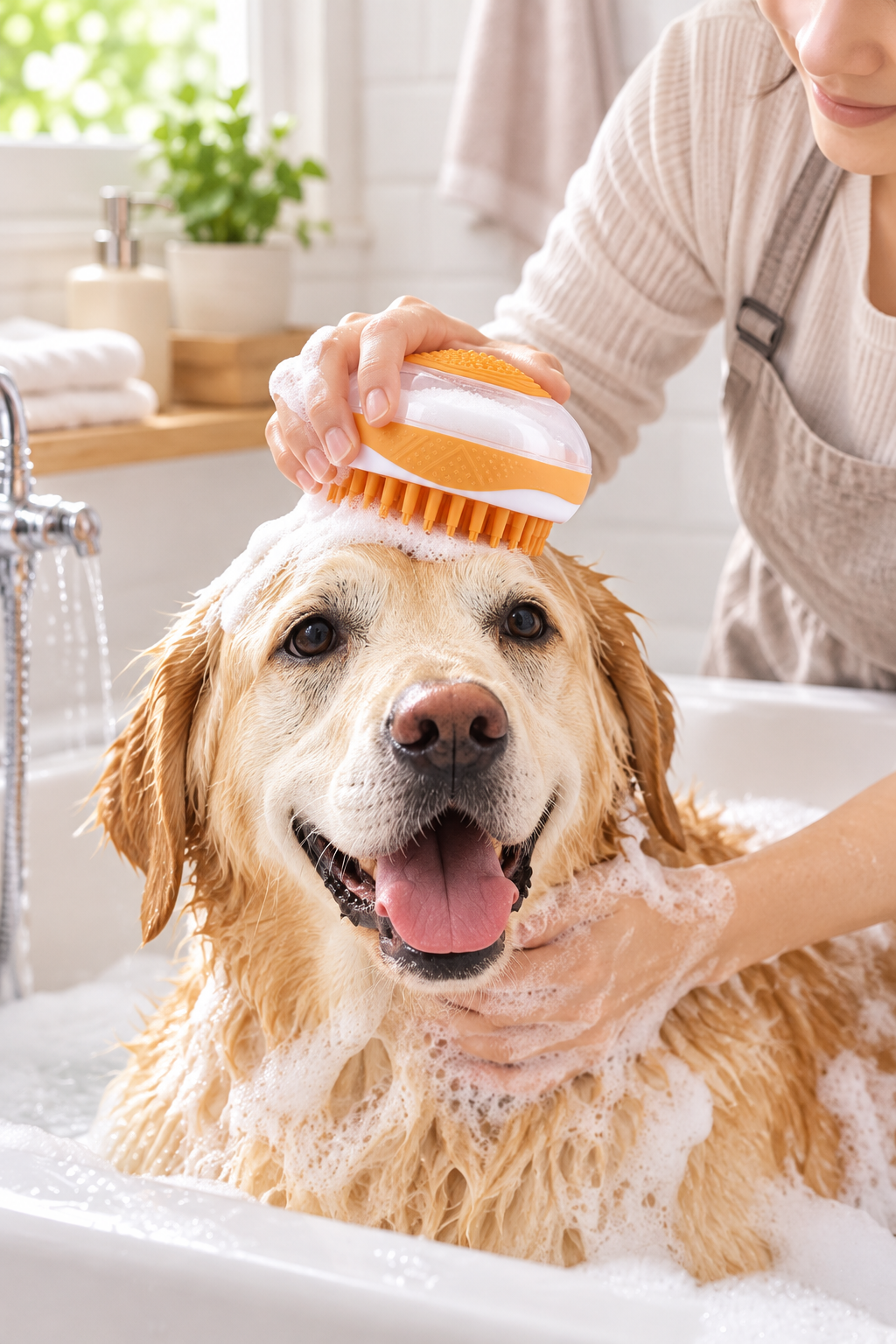 Dog being gently washed with the ChillPaw 2-in-1 bath and massage brush