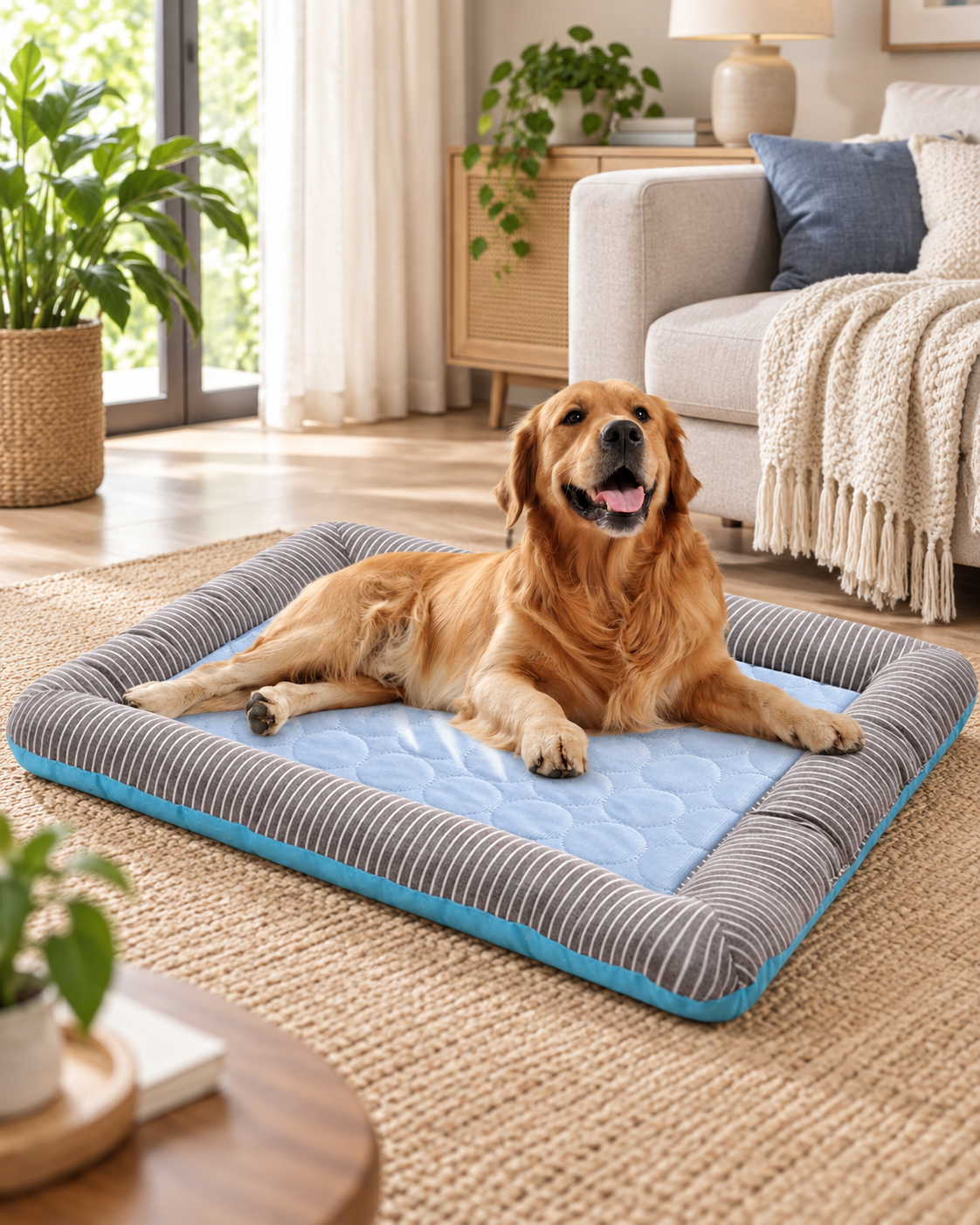 Dog resting on the ChillPaw Self-Cooling Mat in a living room