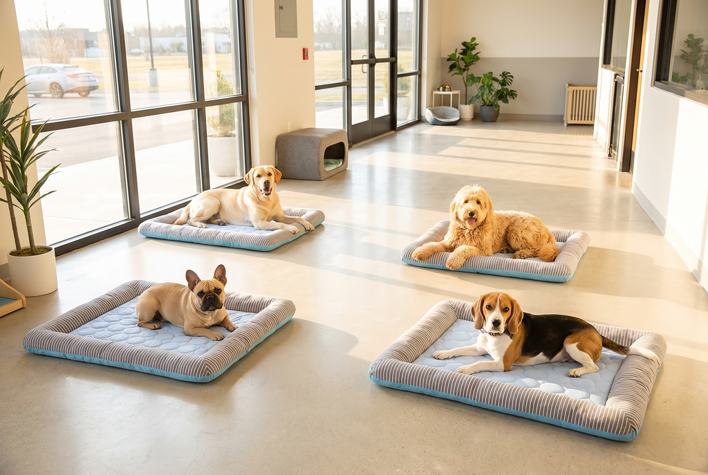 Four dogs relaxing on ChillPaw cooling mats at a dog daycare