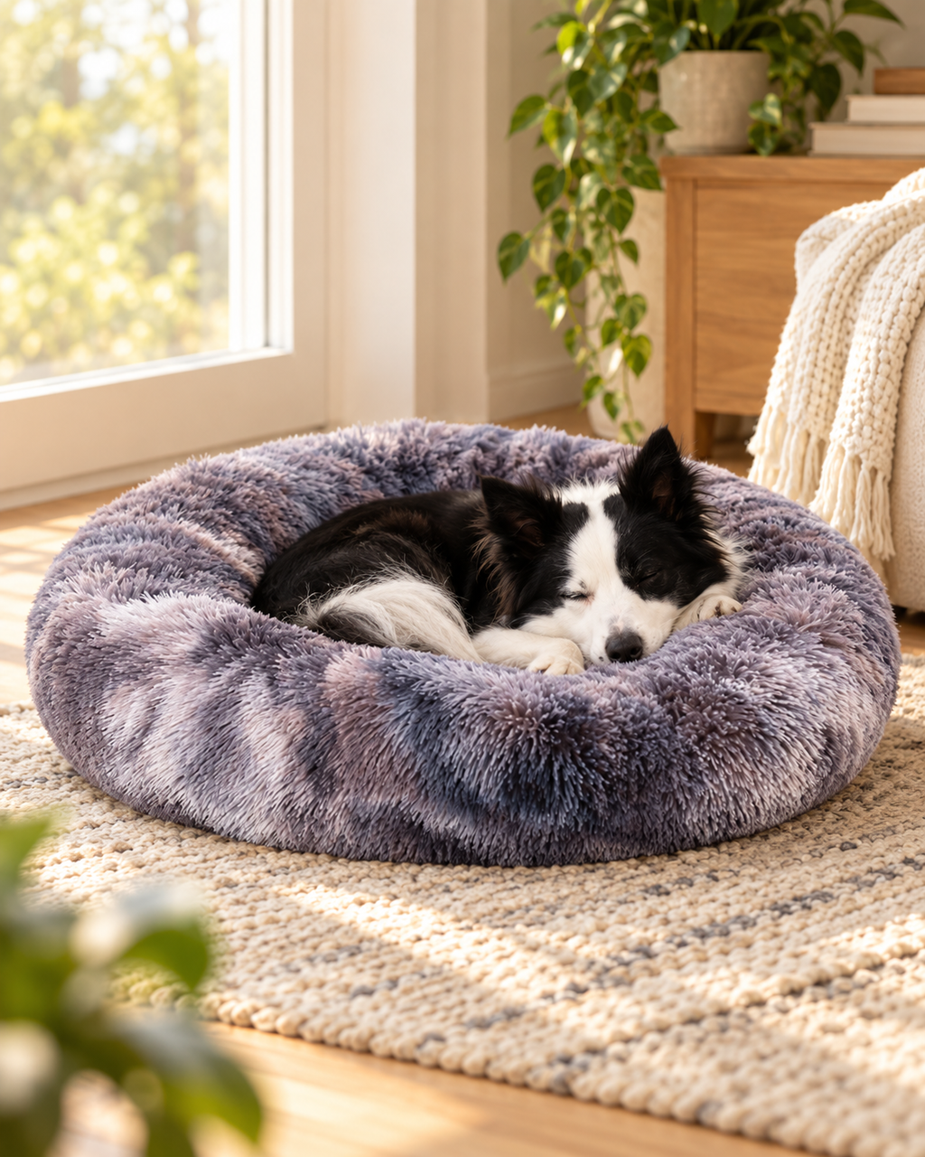 Dog resting in the ChillPaw Calming Donut Bed at home