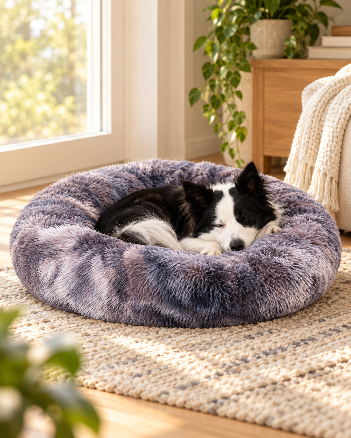Dog resting in the ChillPaw Calming Donut Bed at home