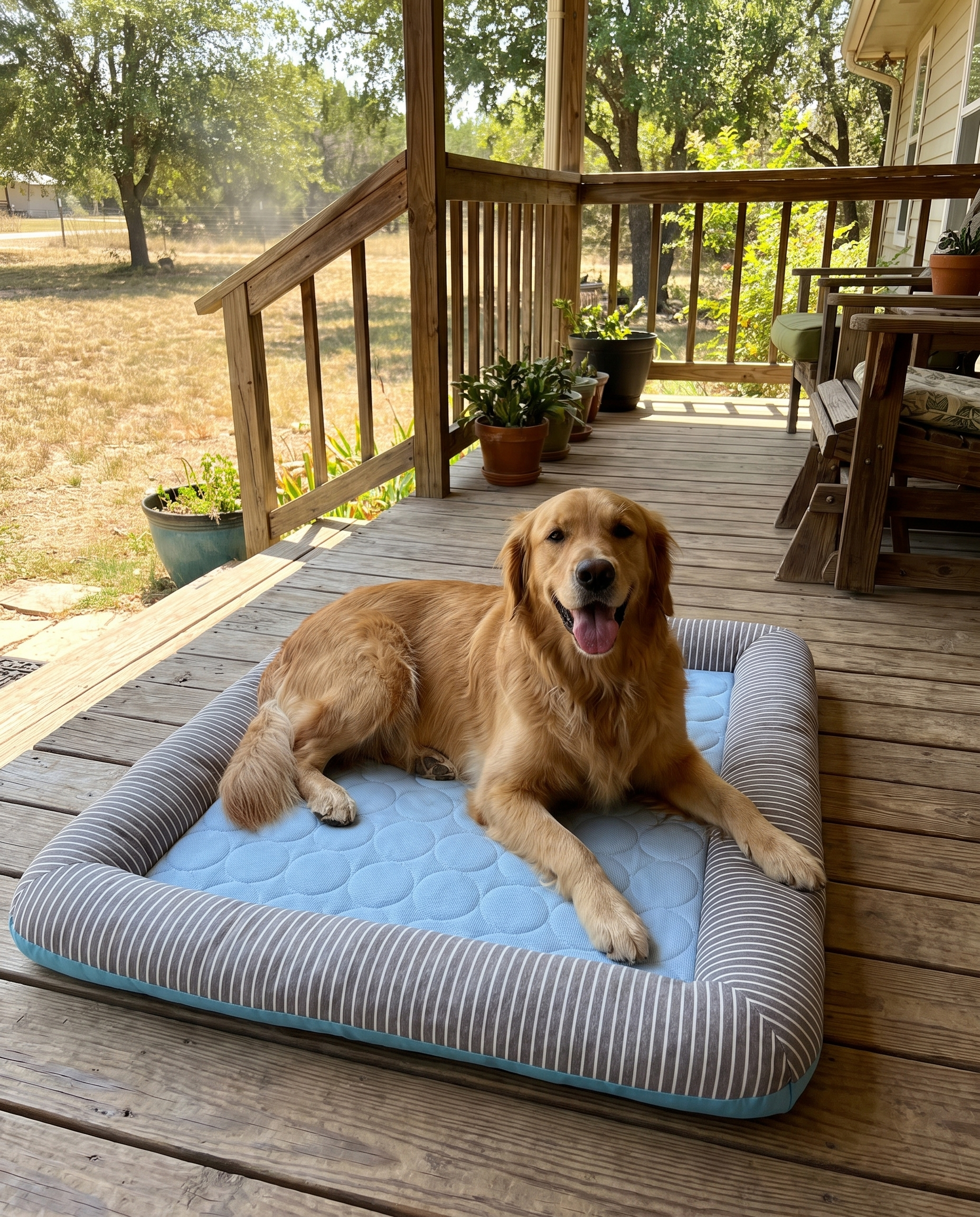 Golden retriever resting on the ChillPaw self-cooling mat on a shaded porch