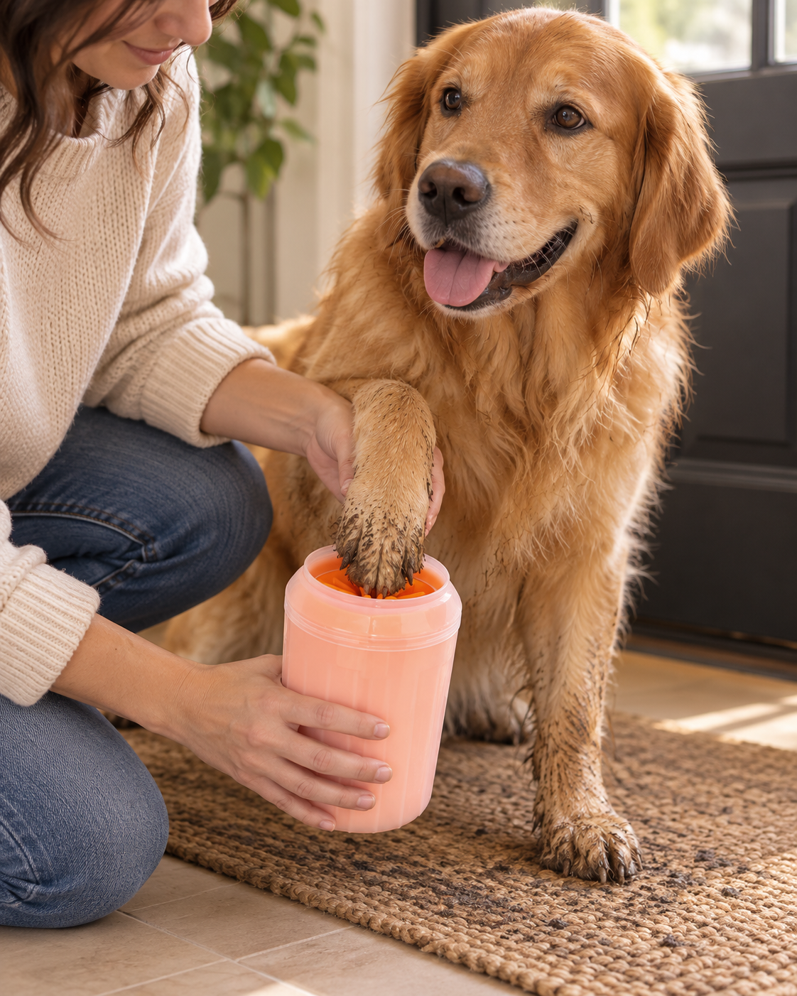 Dog paw being cleaned with the ChillPaw Paw Washer at home