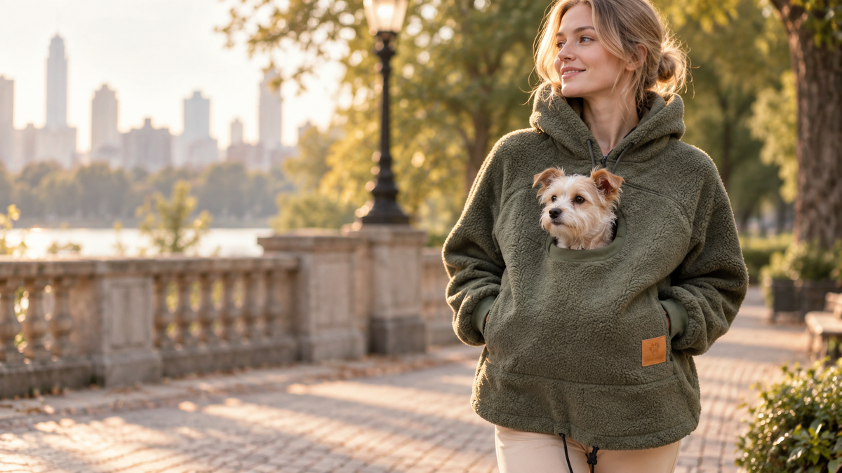 Woman wearing the ChillPaw olive pouch hoodie with a small dog riding in the front pouch