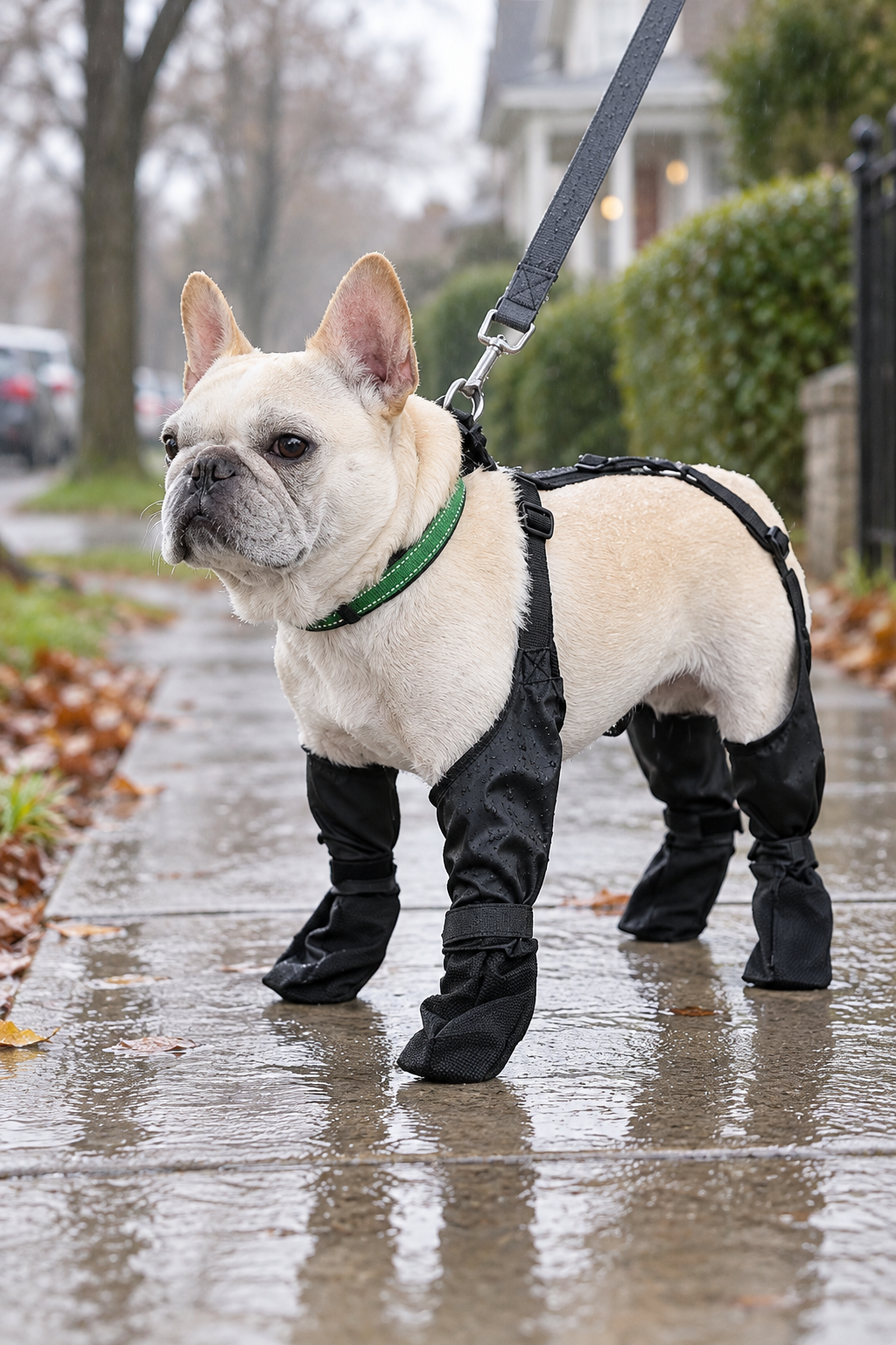 French bulldog wearing ChillPaw waterproof leg protectors on a rainy walk