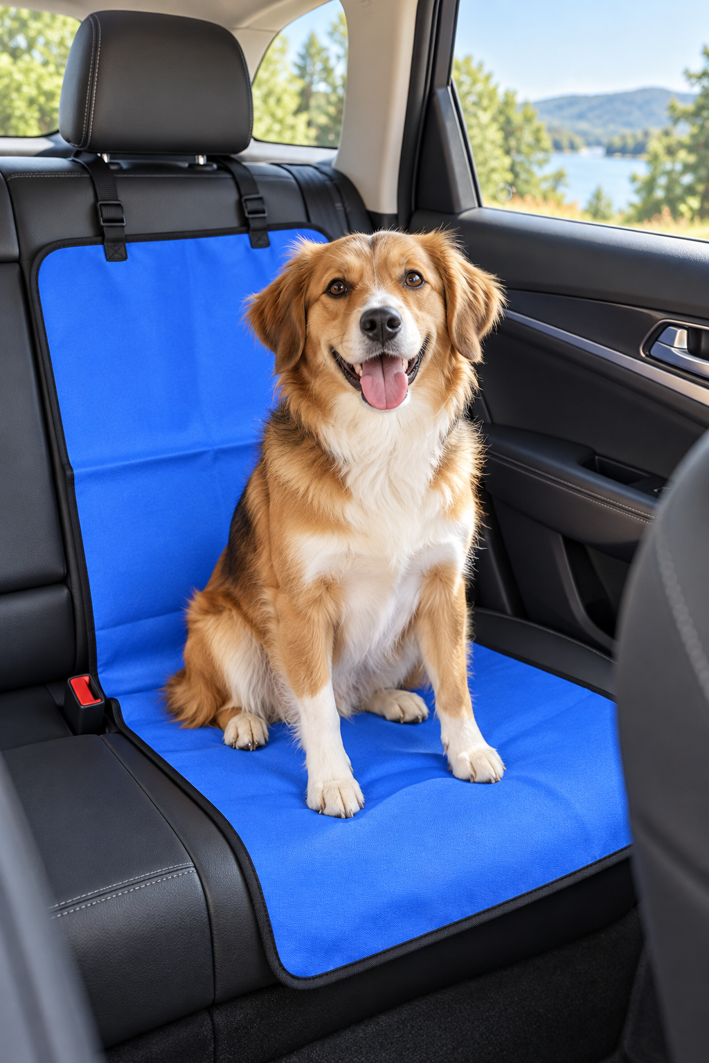 Dog sitting on the ChillPaw back seat cover in a car