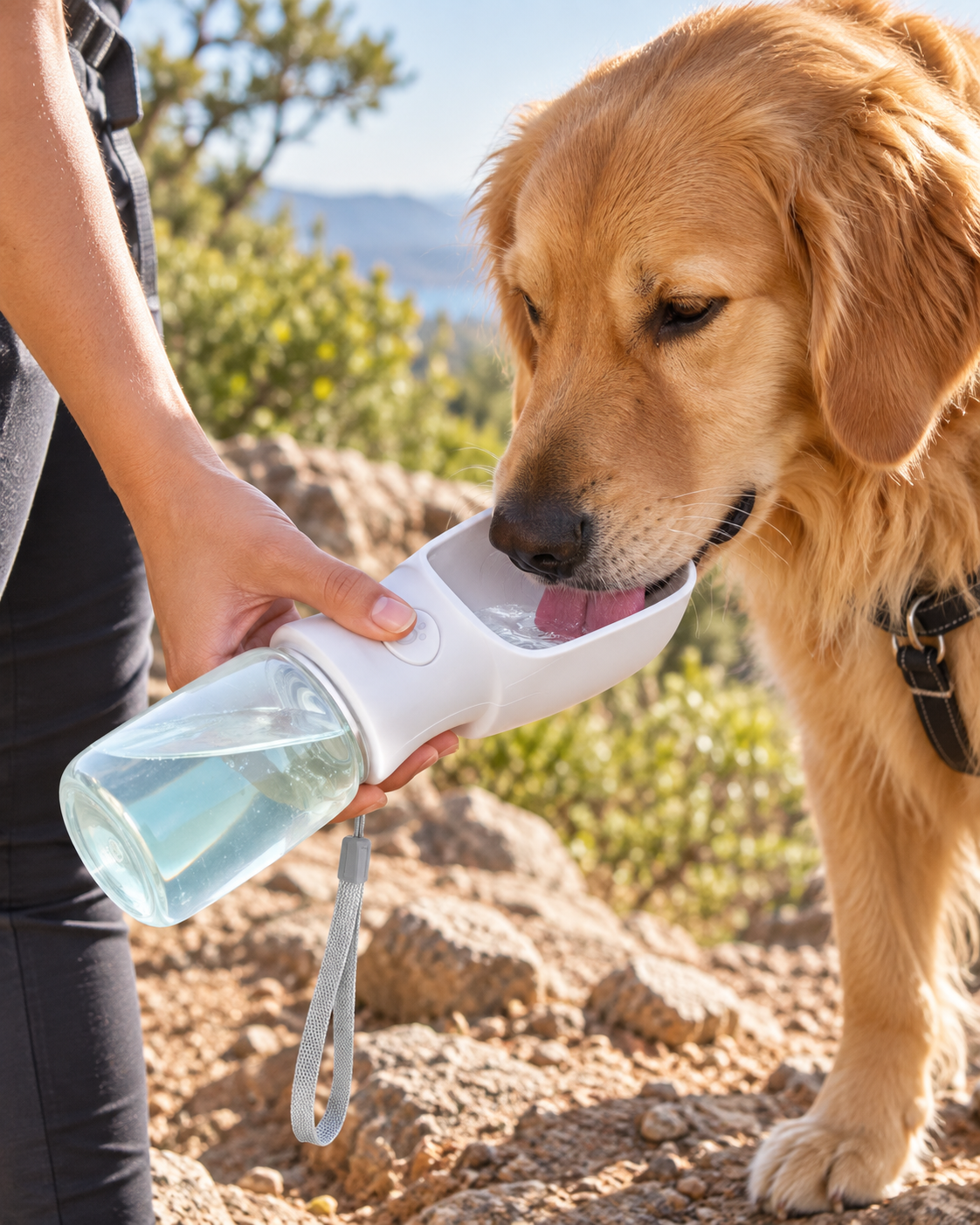 Dog drinking from the ChillPaw Sip & Go portable water bottle on a hiking trail