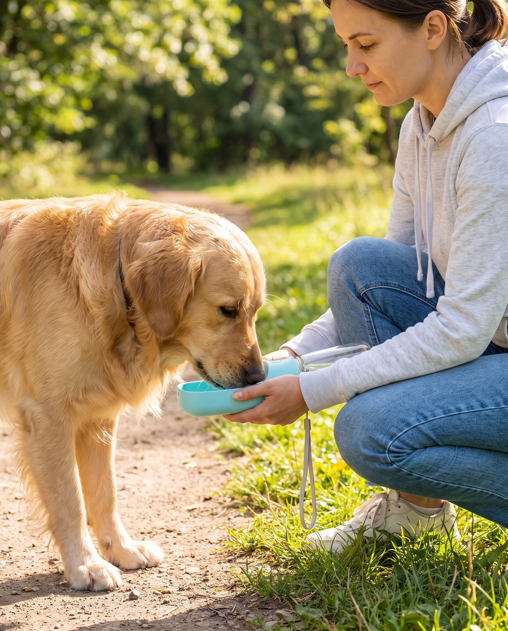 Golden retriever drinking from the ChillPaw Sip and Go bottle on a walk