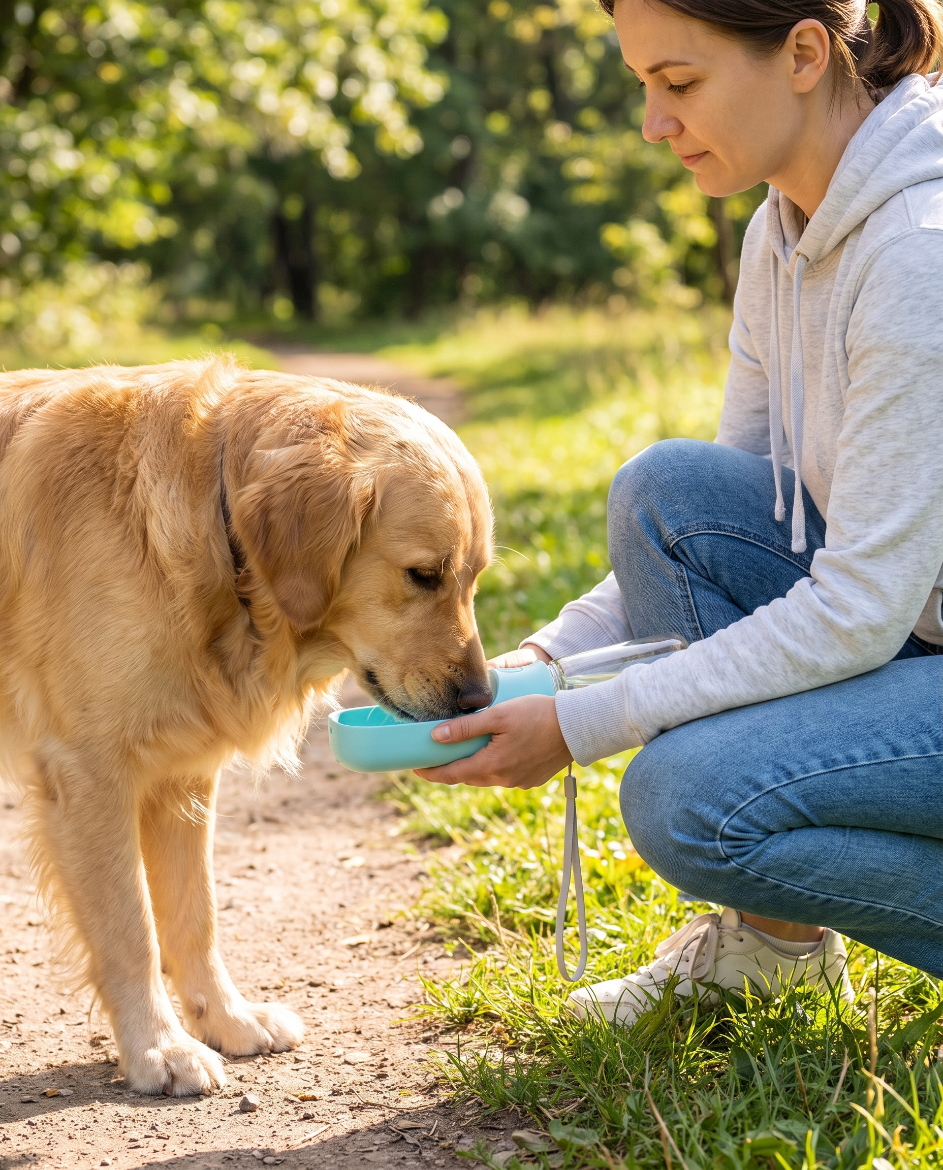 Golden retriever drinking from the ChillPaw Sip and Go bottle on a walk