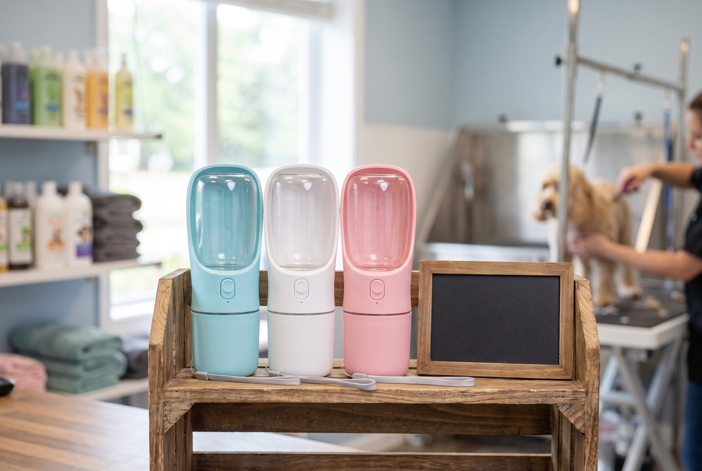 ChillPaw Sip and Go bottles in blue, white and pink