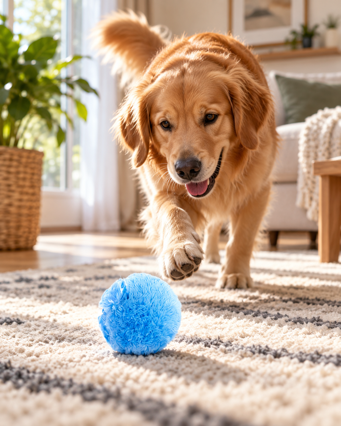 Dog playing with the ChillPaw Self-Rolling Smart Ball at home