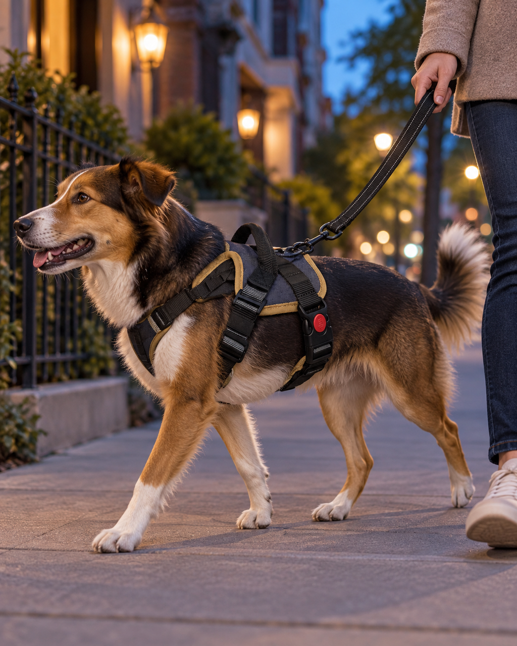 Dog wearing the ChillPaw Trail-Grip no-pull harness during an evening city walk