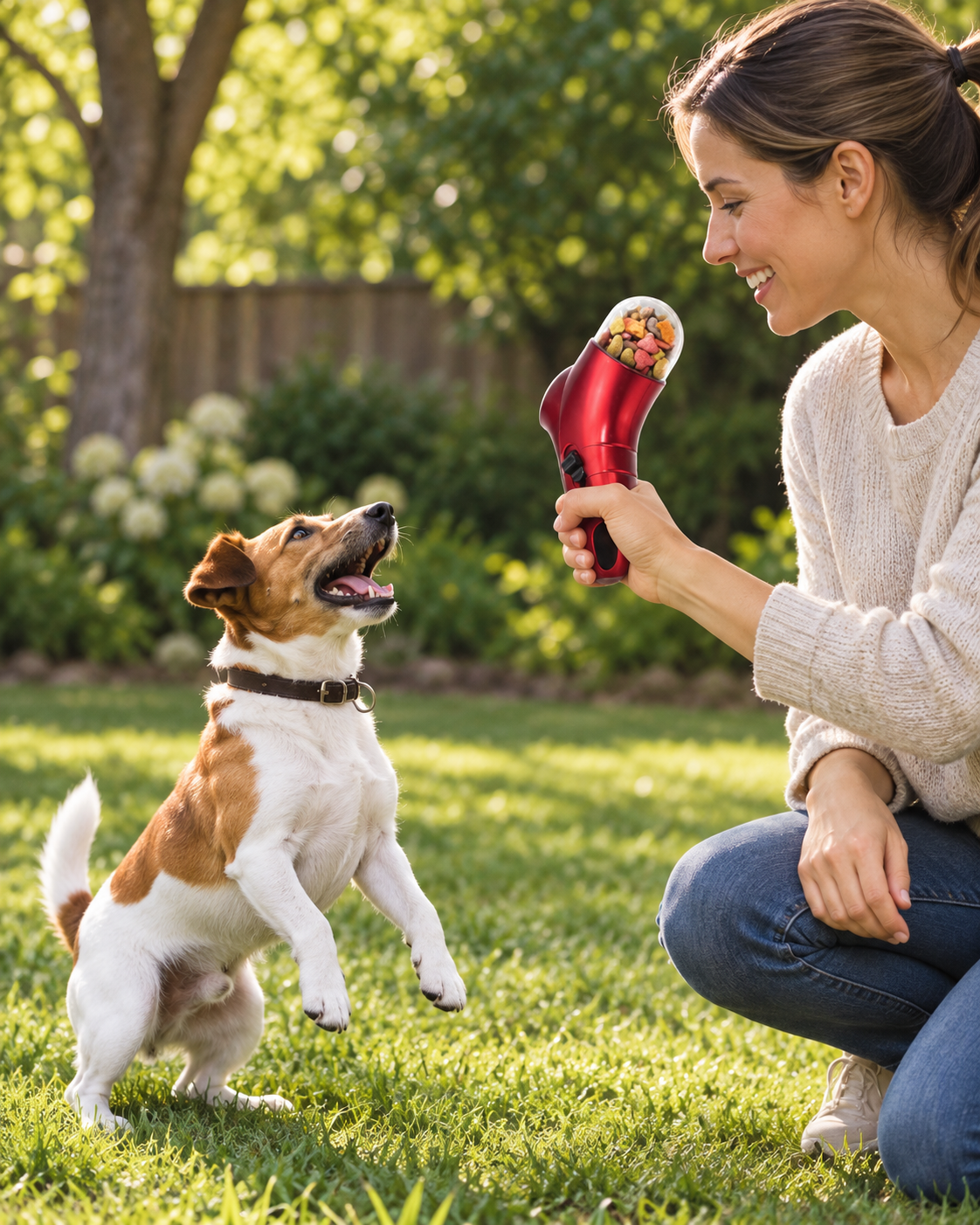 Dog eagerly playing with the ChillPaw Treat Launcher outdoors
