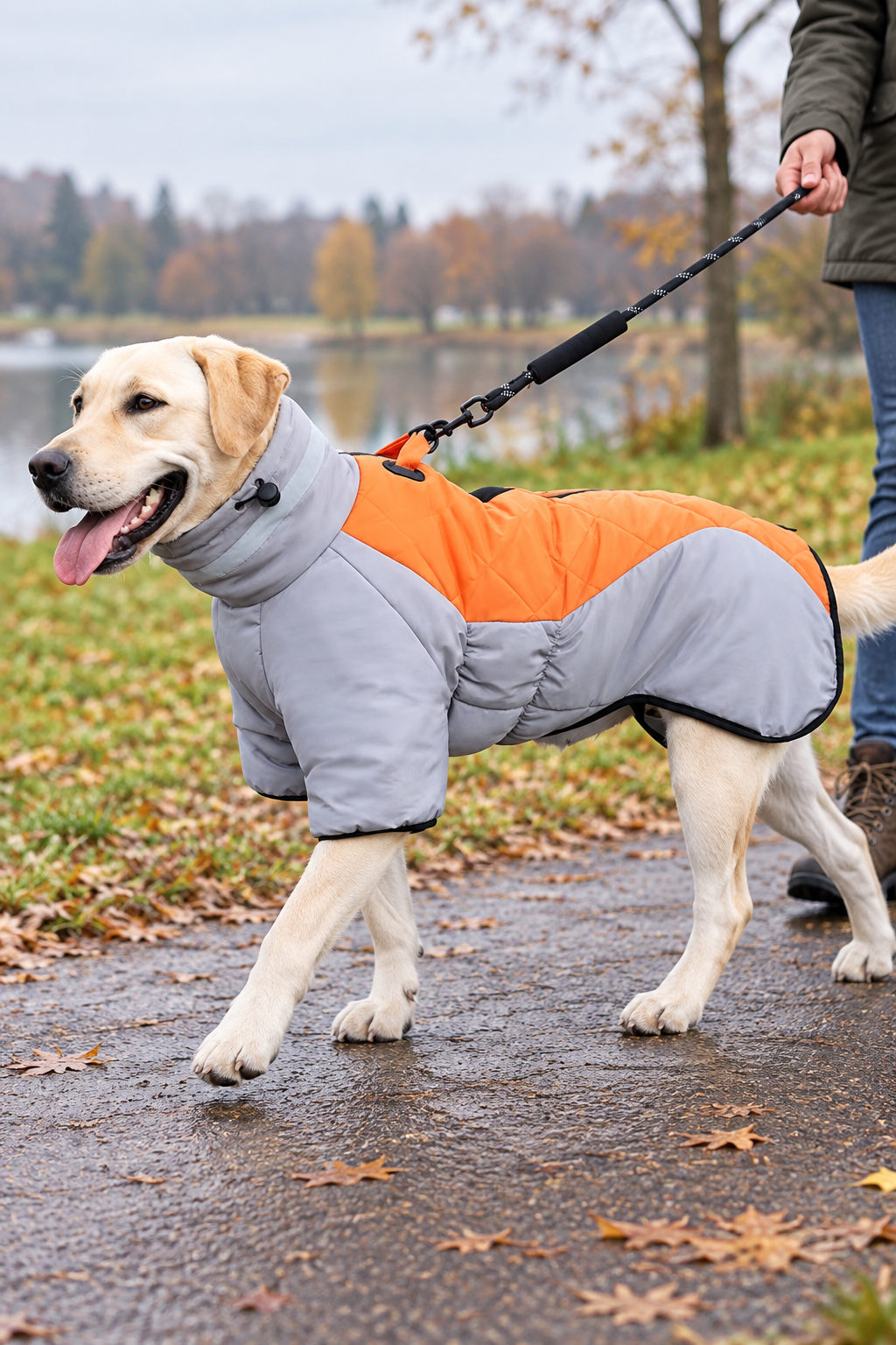 Labrador wearing the ChillPaw all-weather winter coat on a cool day